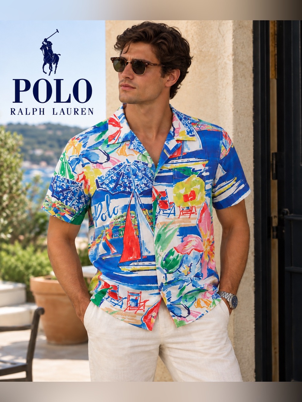 Polo by Ralph Lauren Blue Multicolor Tropical Camp Shirt